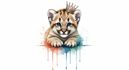 Kids-Mundo flat artwork of a crowned baby tiger cub with colourful watercolour splashes