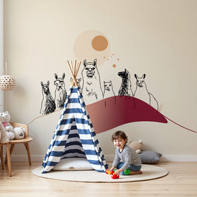 Llama desert mural wallpaper creating adventure-themed nursery decor by Kids-Mundo
