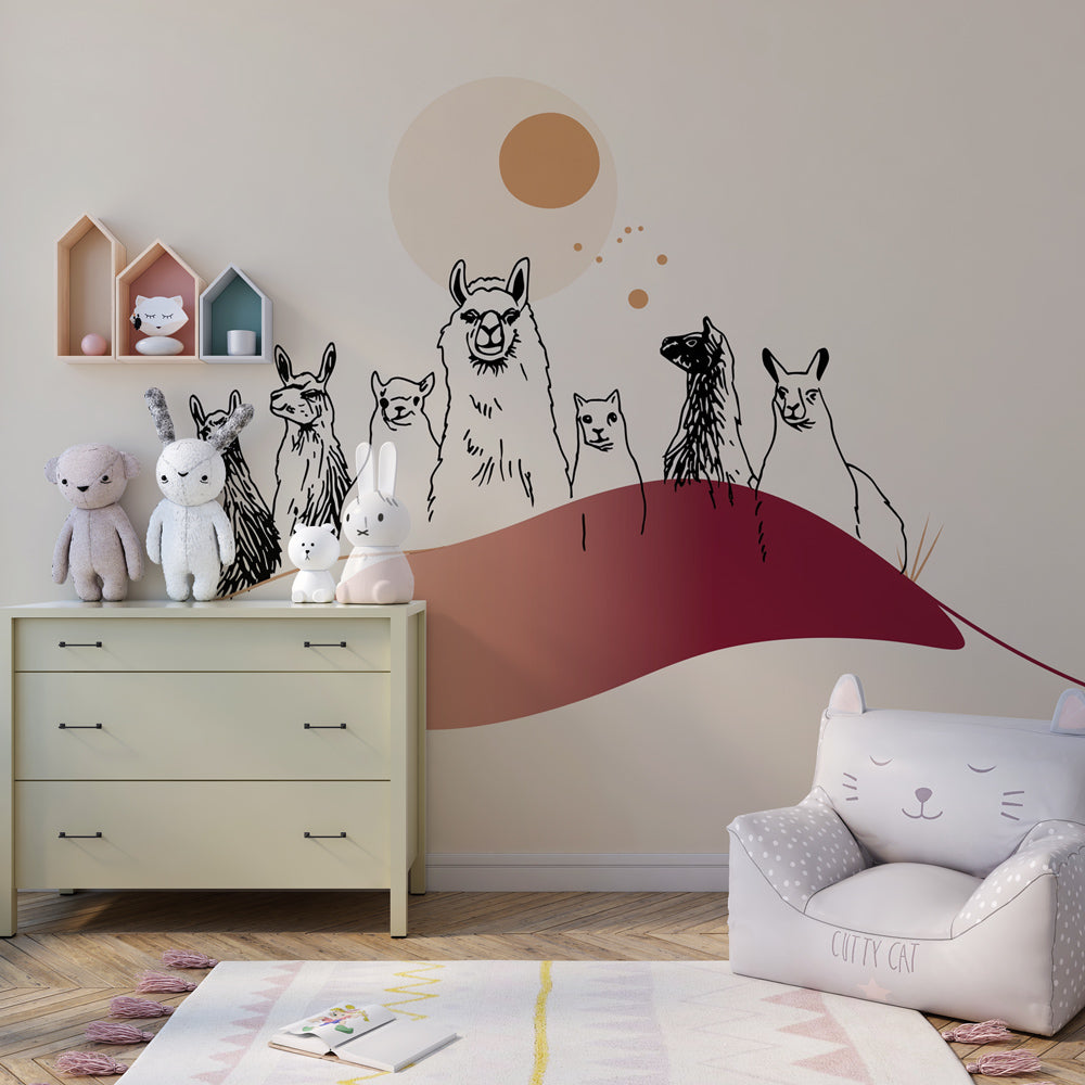 Warm beige llama mural wallpaper creating cozy kids playroom atmosphere