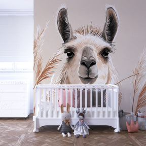 Gentle llama wallpaper creating peaceful atmosphere in children's bedroom setting