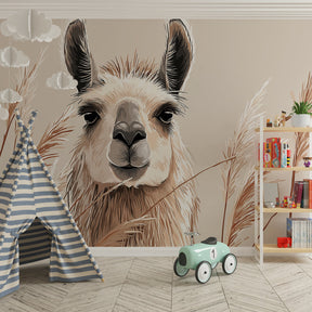 Desert animal mural wallpaper for kids room with warm beige tones and natural styling
