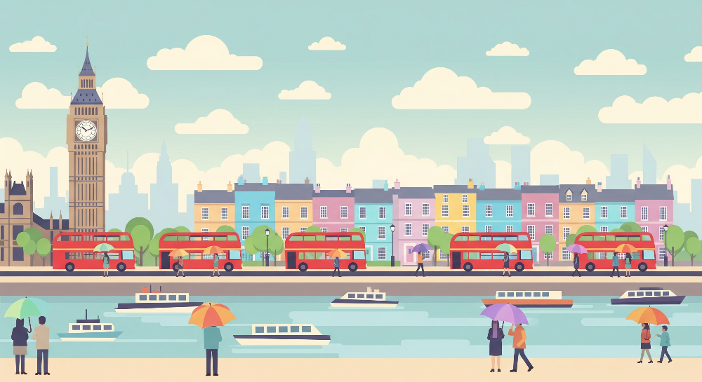 Flat artwork preview of the Kids-Mundo London skyline with red buses wall mural design