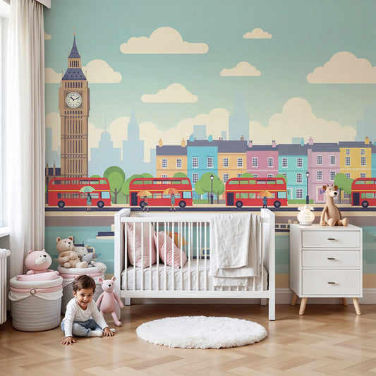 London skyline wall mural by Kids-Mundo styled in a bright children's nursery