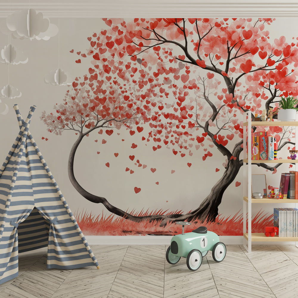 Heart-shaped leaves tree wallpaper creating romantic atmosphere in children's bedroom