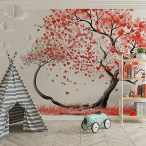 Heart-shaped leaves tree wallpaper creating romantic atmosphere in children's bedroom