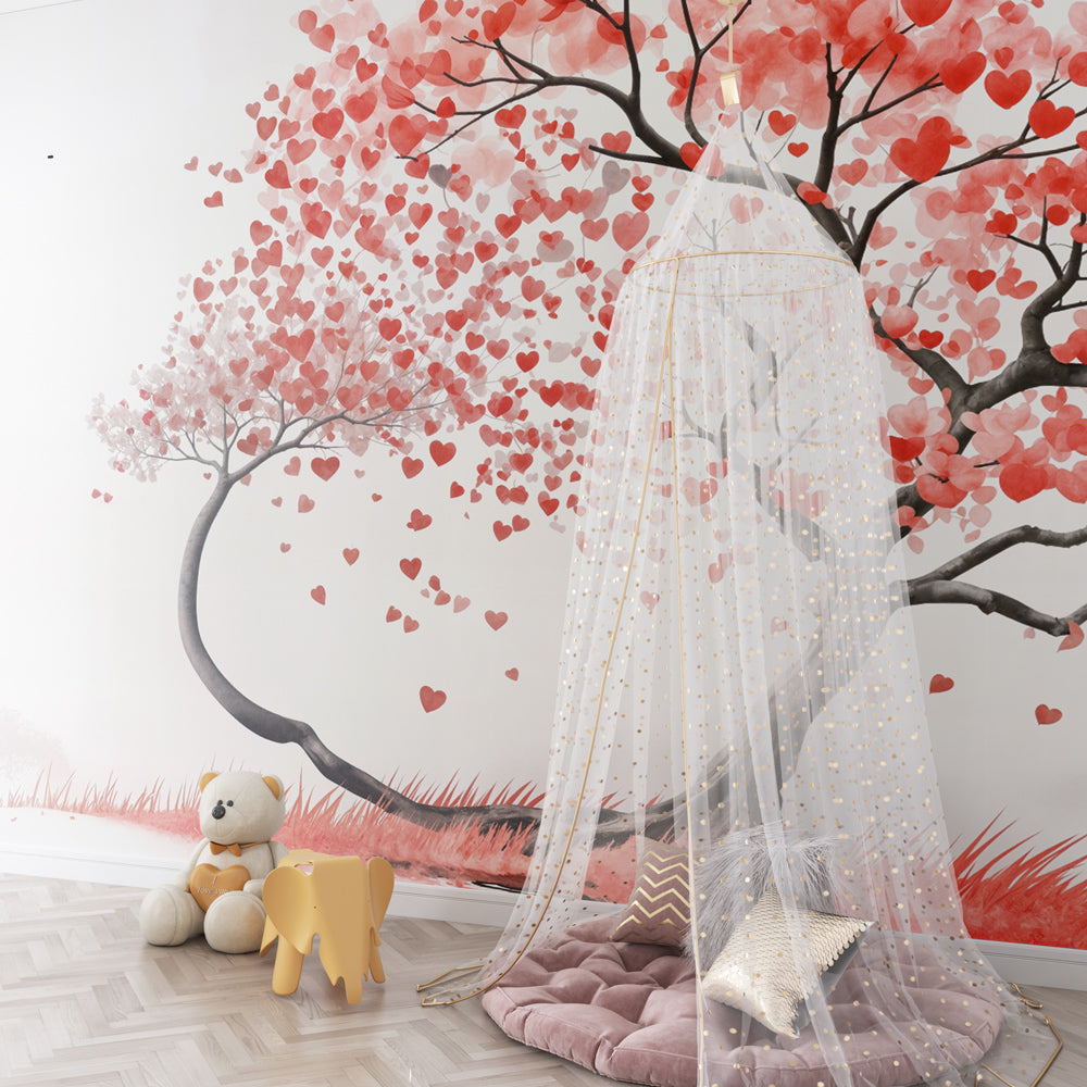 Pink and red love tree wallpaper transforming kids playroom into magical space