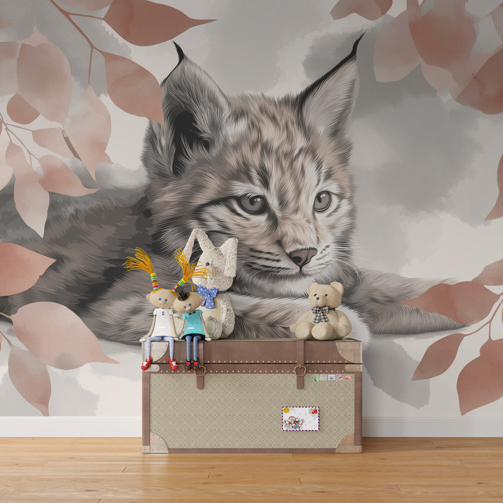 Young lynx among leaves wallpaper transforming children's bedroom into serene forest sanctuary