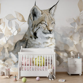 Wildlife mural wallpaper featuring young lynx in children's bedroom setting by Kids-Mundo