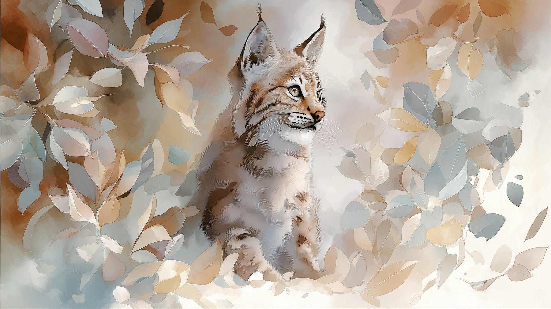Detailed lynx and foliage mural wallpaper design pattern in soft neutral woodland colors by Kids-Mundo