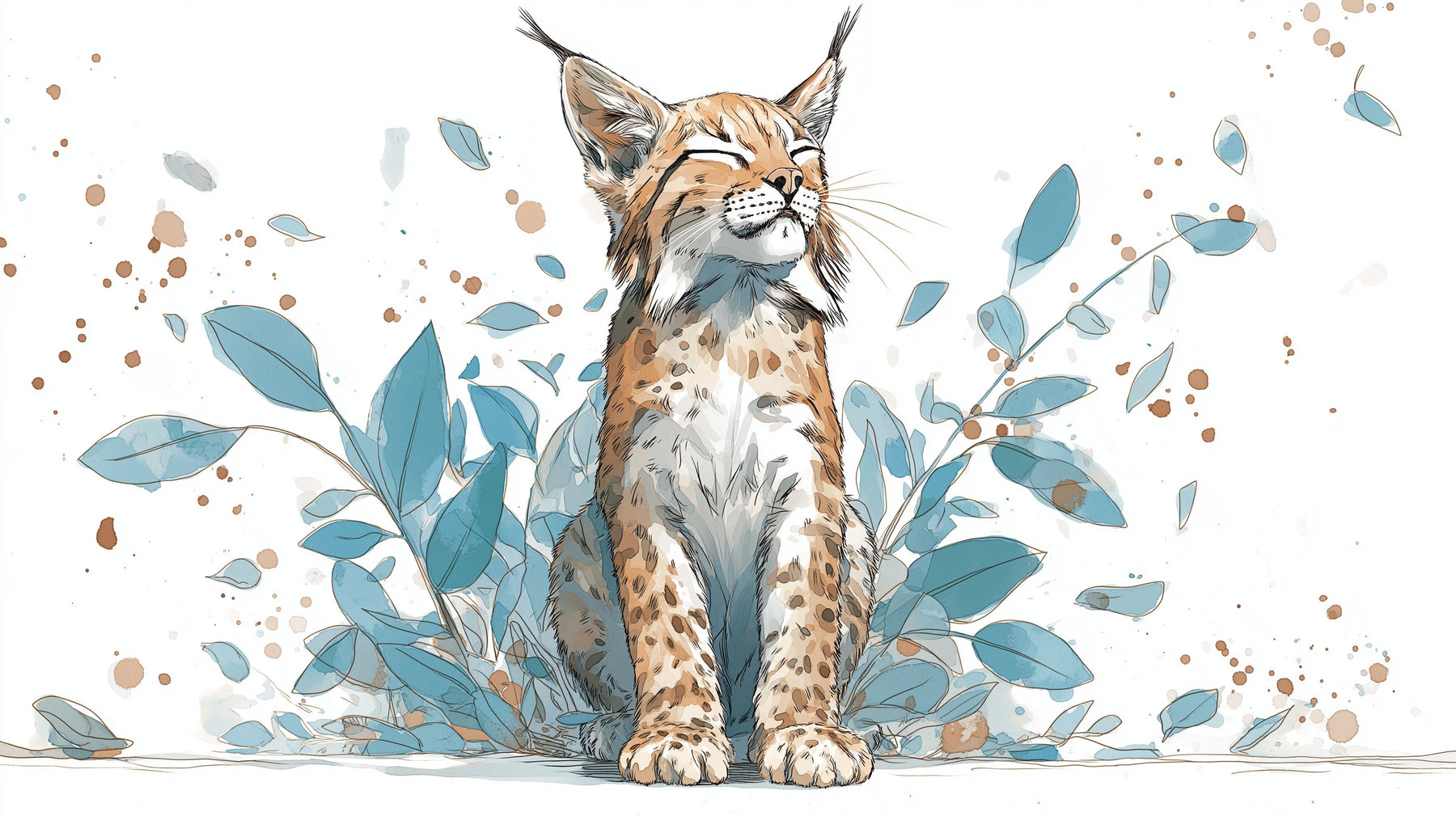 Detailed lynx with foliage mural wallpaper design pattern showing peaceful animal character