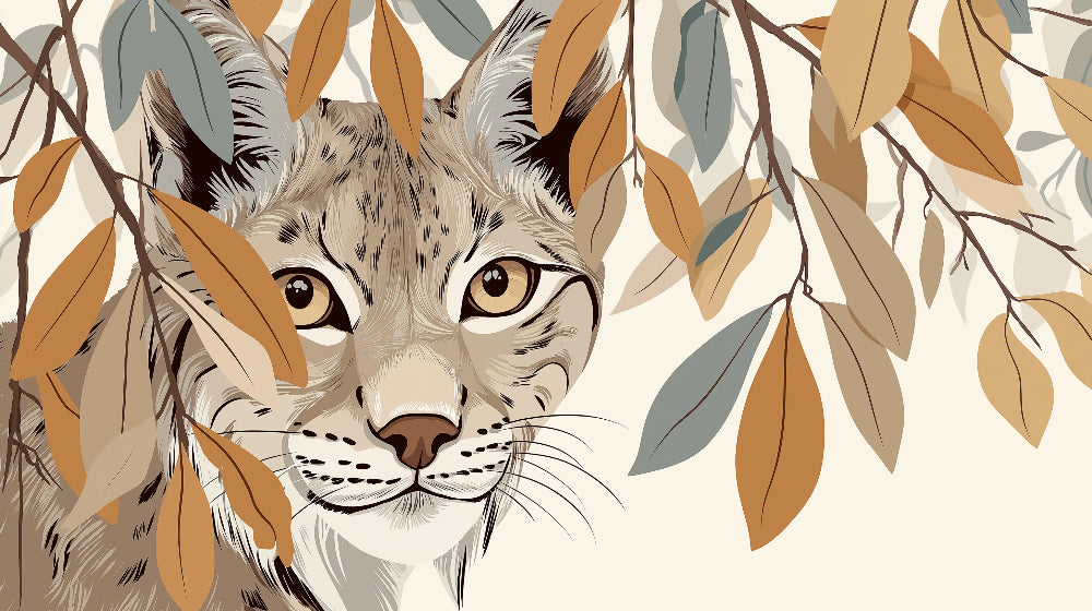 Detailed lynx wildlife mural wallpaper design pattern showing curious lynx among ochre foliage by Kids-Mundo