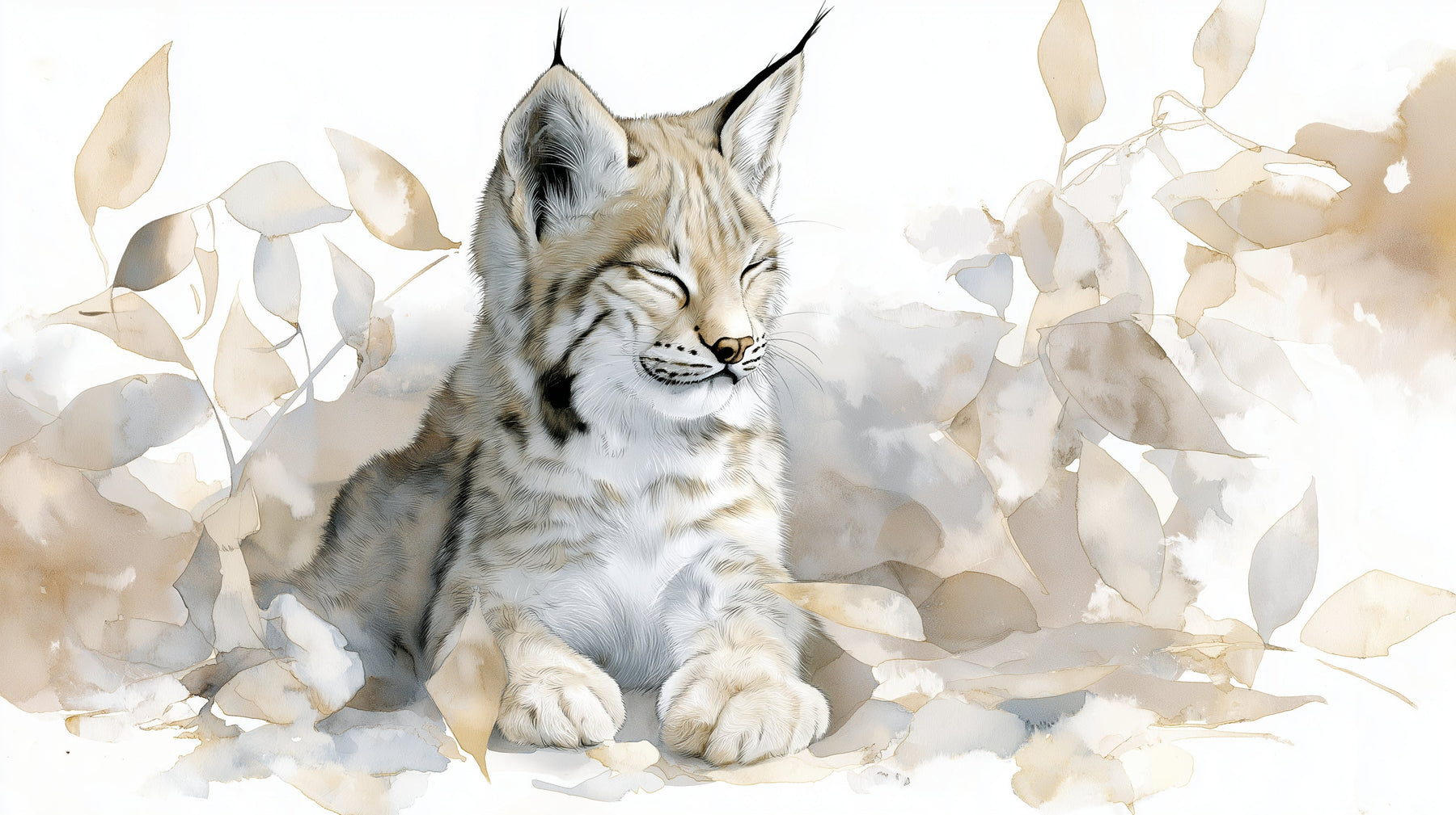 Detailed lynx mural wallpaper design pattern showing peaceful baby lynx with leaves by Kids-Mundo