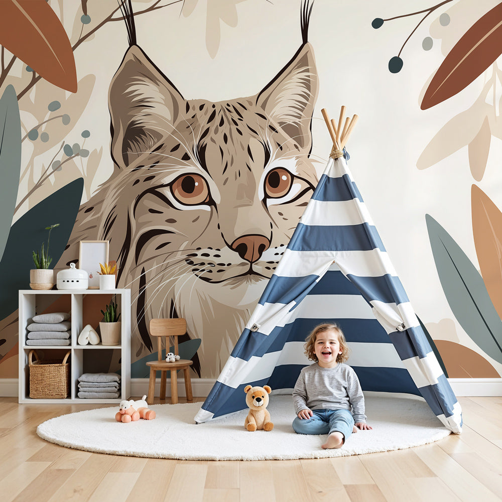 Lynx wildlife mural wallpaper creating serene woodland atmosphere in modern kids bedroom by Kids-Mundo