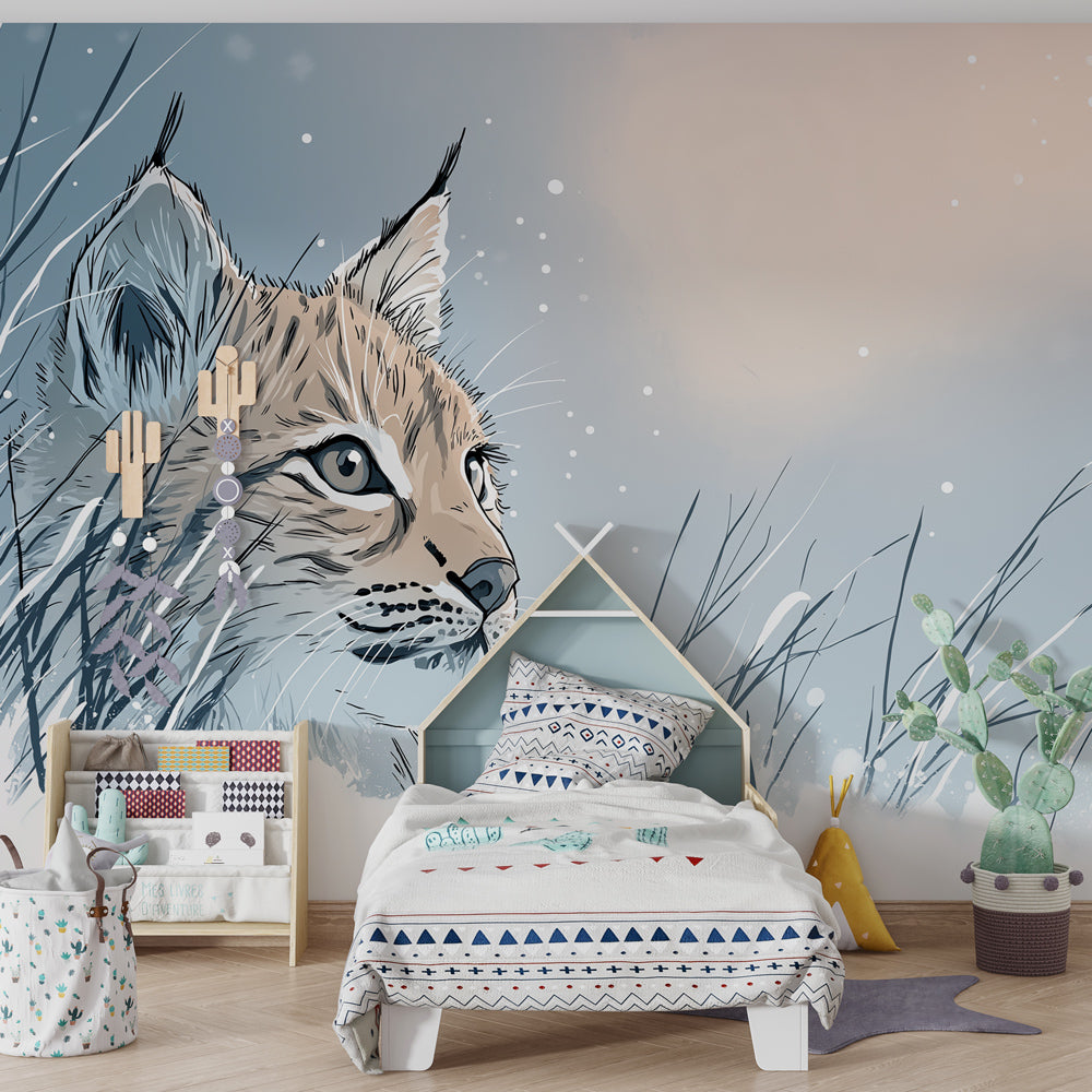 Winter lynx wallpaper transforming nursery with peaceful blue and white wildlife scene