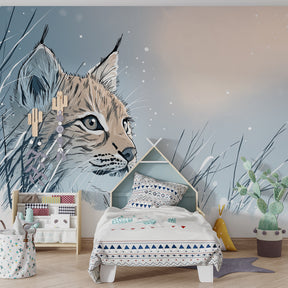 Winter lynx wallpaper transforming nursery with peaceful blue and white wildlife scene