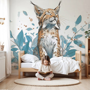 Playful lynx mural wallpaper creating serene woodland nursery decor by Kids-Mundo