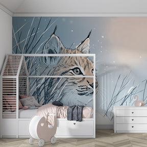 Majestic lynx mural wallpaper bringing winter wilderness atmosphere to children's playroom