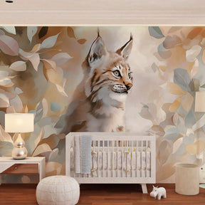 Woodland lynx mural wallpaper transforming children's playroom into serene forest sanctuary
