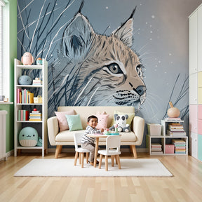 Lynx winter mural wallpaper creating serene wildlife themed kids bedroom decor by Kids-Mundo