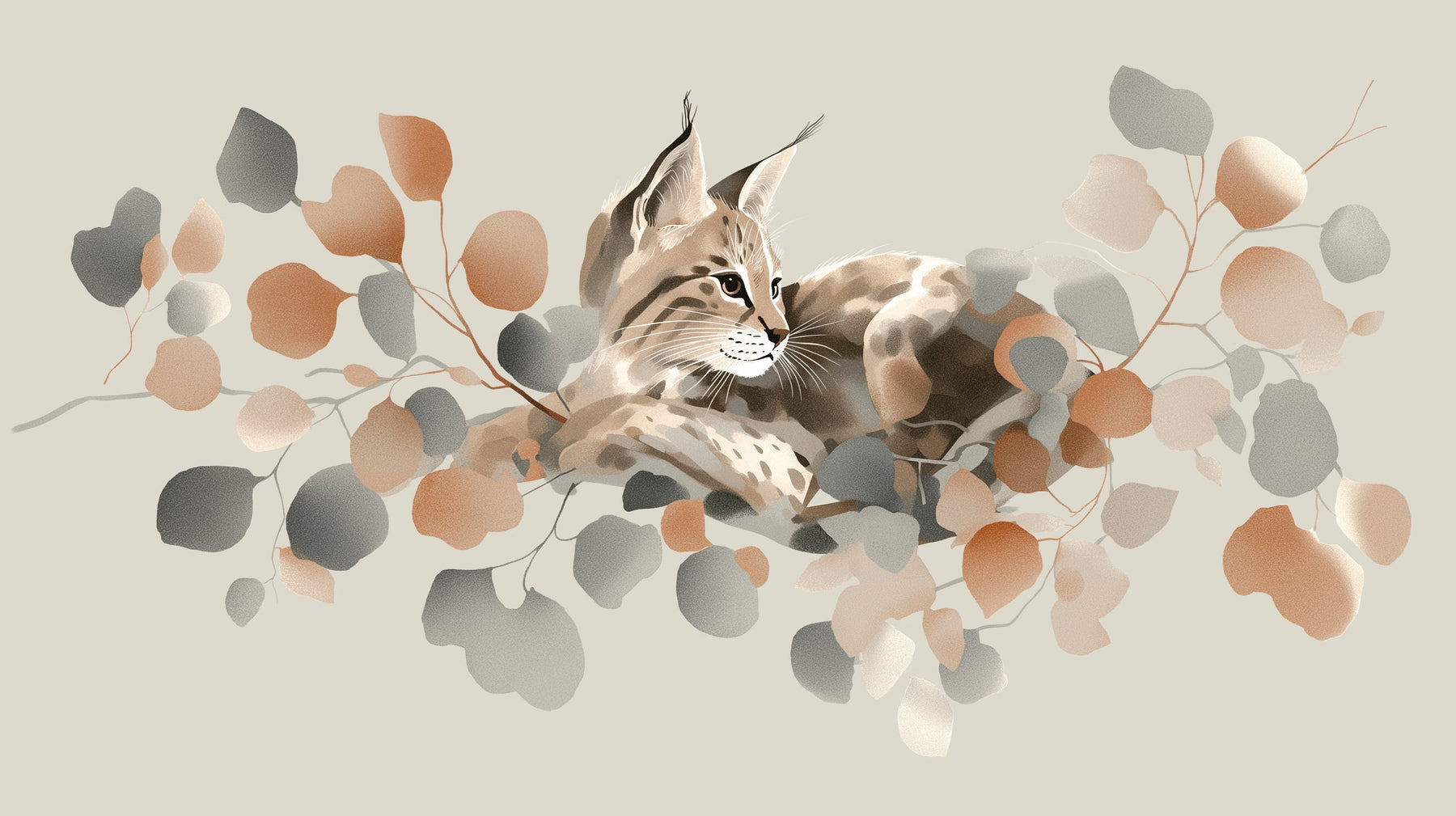 Detailed lynx and foliage mural wallpaper design pattern showing elegant forest artwork by Kids-Mundo