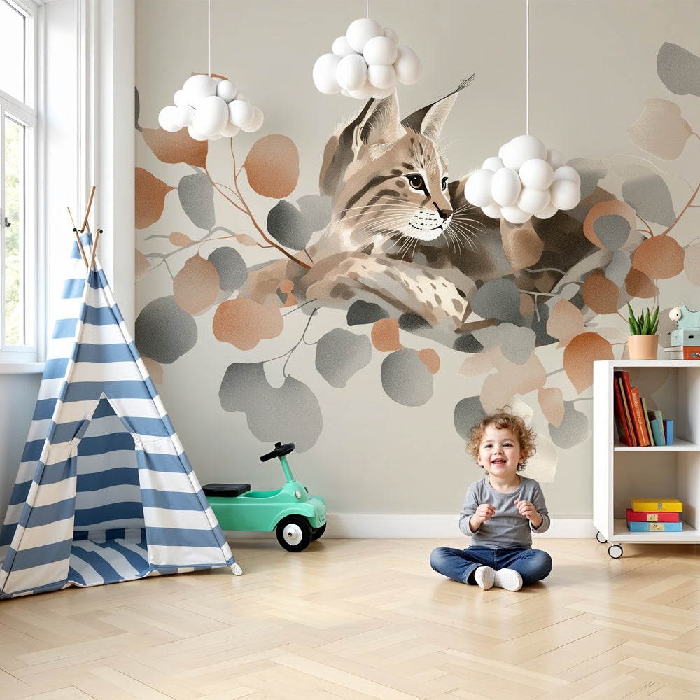 Elegant lynx wildlife mural wallpaper creating serene forest atmosphere in modern nursery by Kids-Mundo