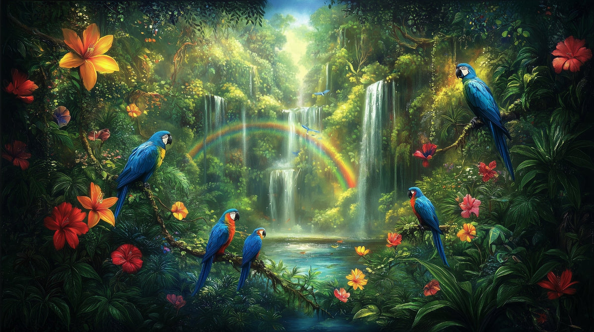 Macaws and Waterfalls Under a Jungle Rainbow Wall Mural