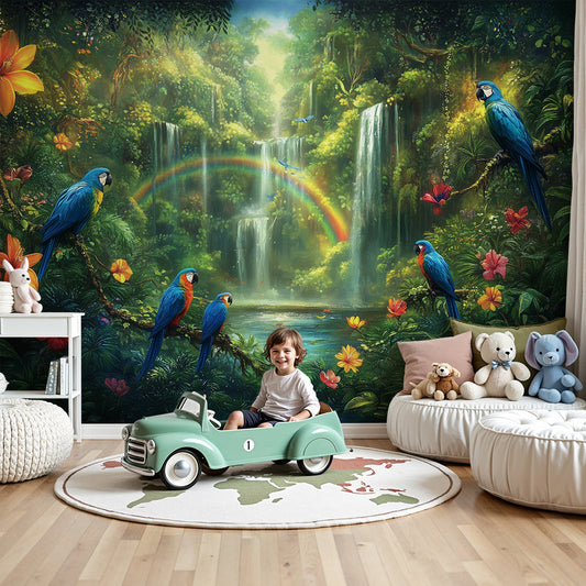Kids-Mundo macaw and rainbow jungle wall mural made to measure for a vivid nursery feature wall.