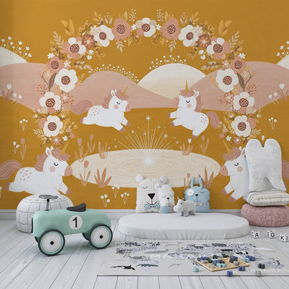 Kids-Mundo leaping unicorn wall mural covering a feature wall in a lively kids bedroom