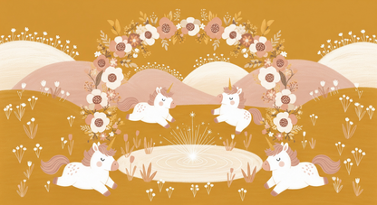 Kids-Mundo flat artwork of leaping unicorns around a sparkling pool beneath a floral wreath