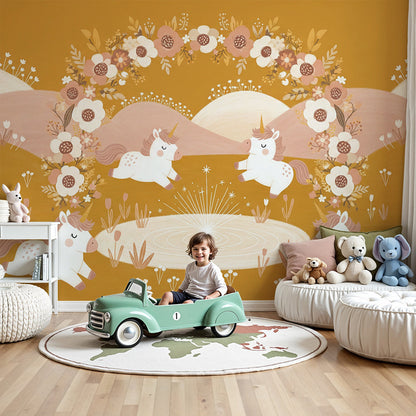 Kids-Mundo magic pool unicorn wall mural styled behind a cot in a warm golden nursery