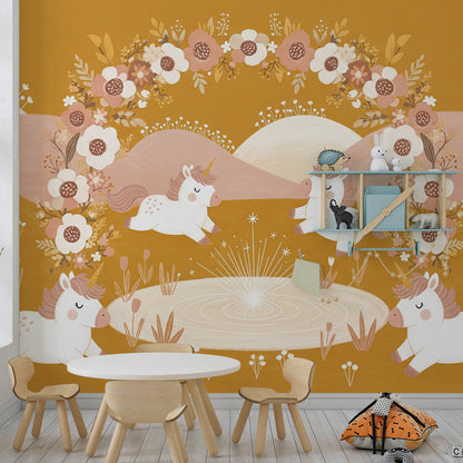 Kids-Mundo unicorn and floral wreath wall mural bringing energy to a children's playroom