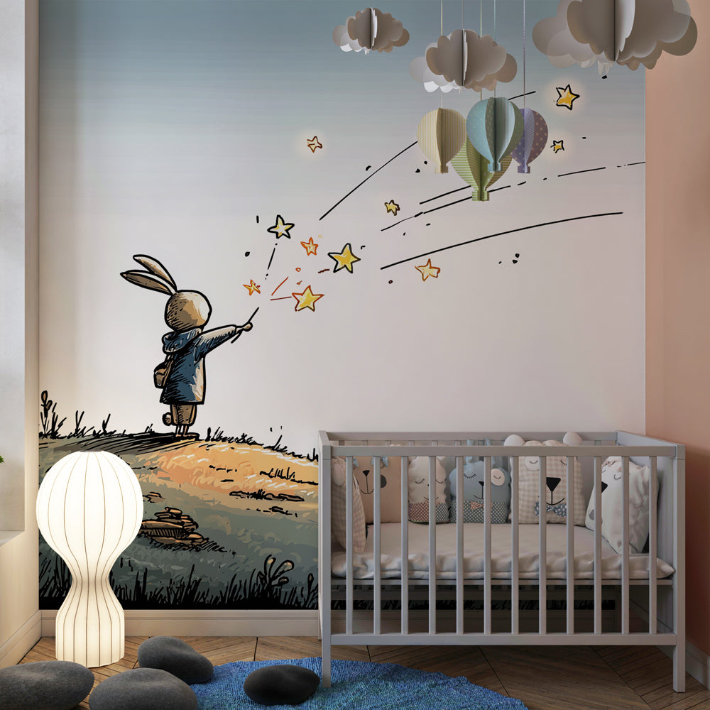Star-themed rabbit mural wallpaper creating enchanting kids room decor with sparkling details