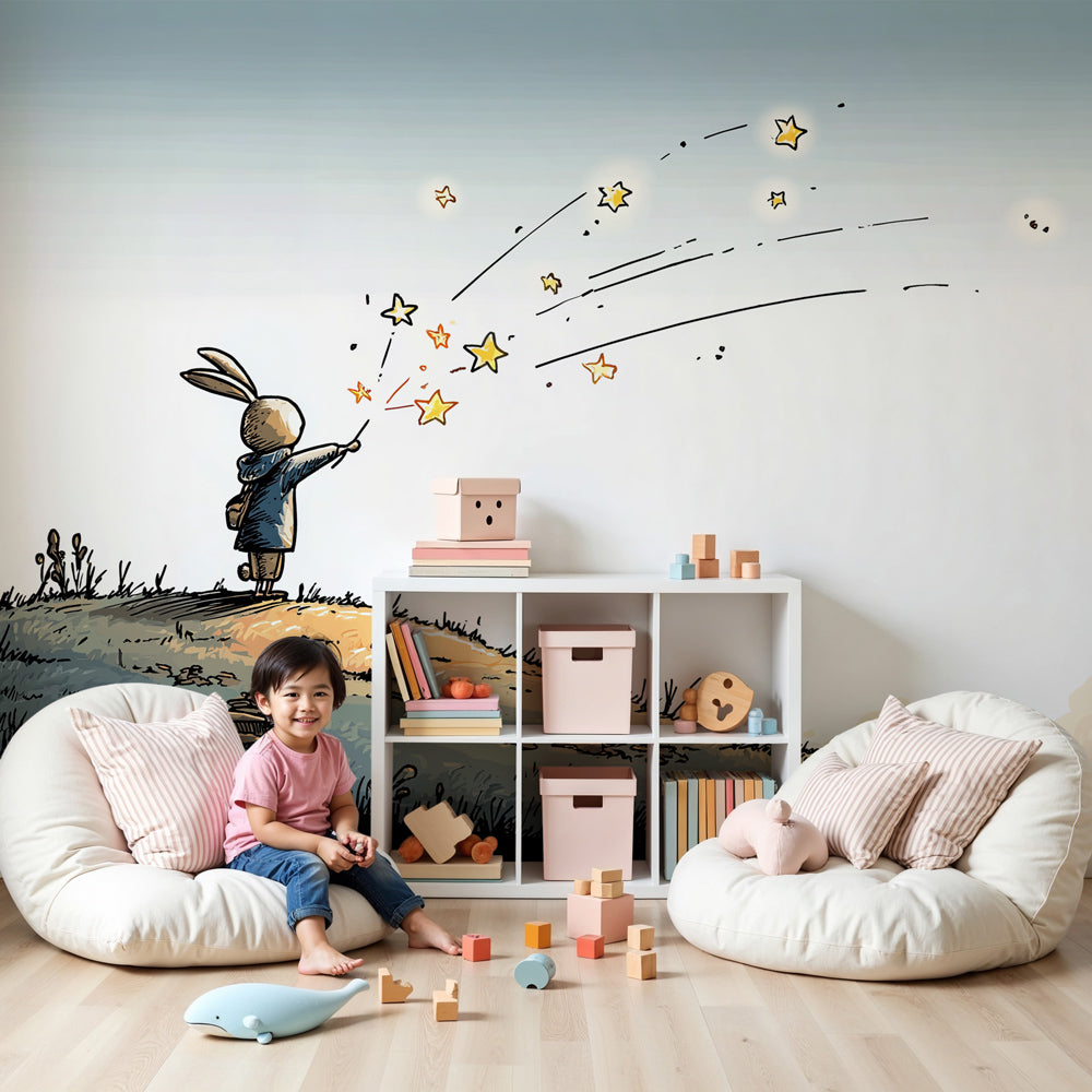 Magic rabbit mural wallpaper with wizard bunny creating dreamy nursery atmosphere by Kids-Mundo
