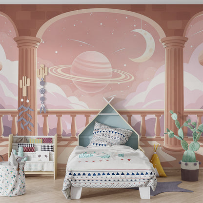Kids-Mundo balcony and shooting stars wall mural featured in a children's playroom