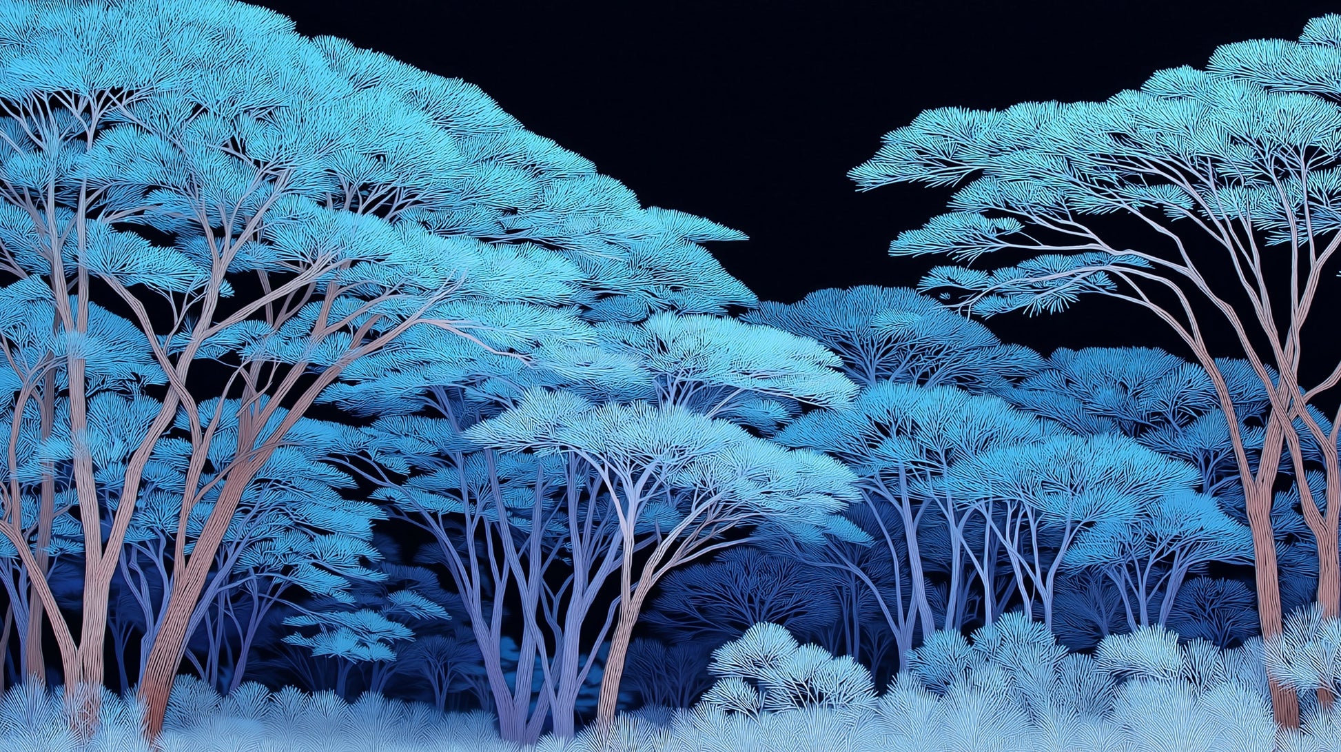 Detailed magical blue forest mural wallpaper design pattern showing trees and night sky by Kids-Mundo