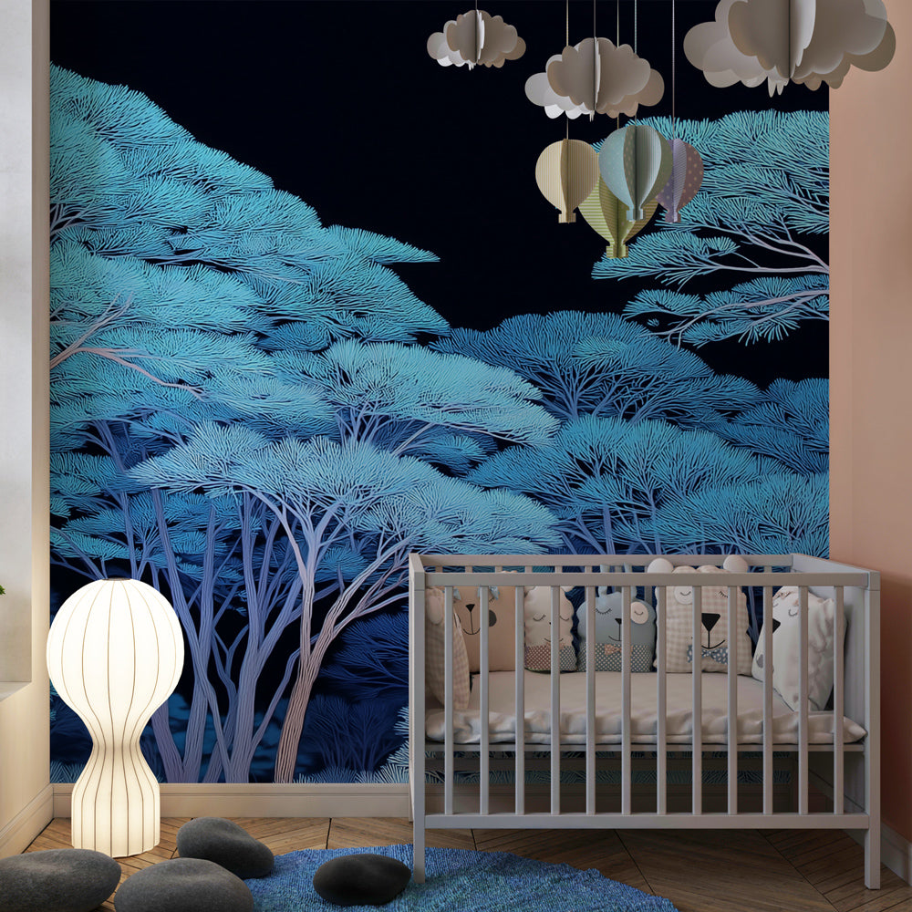Enchanted forest mural wallpaper with blue trees under starlit night sky for children