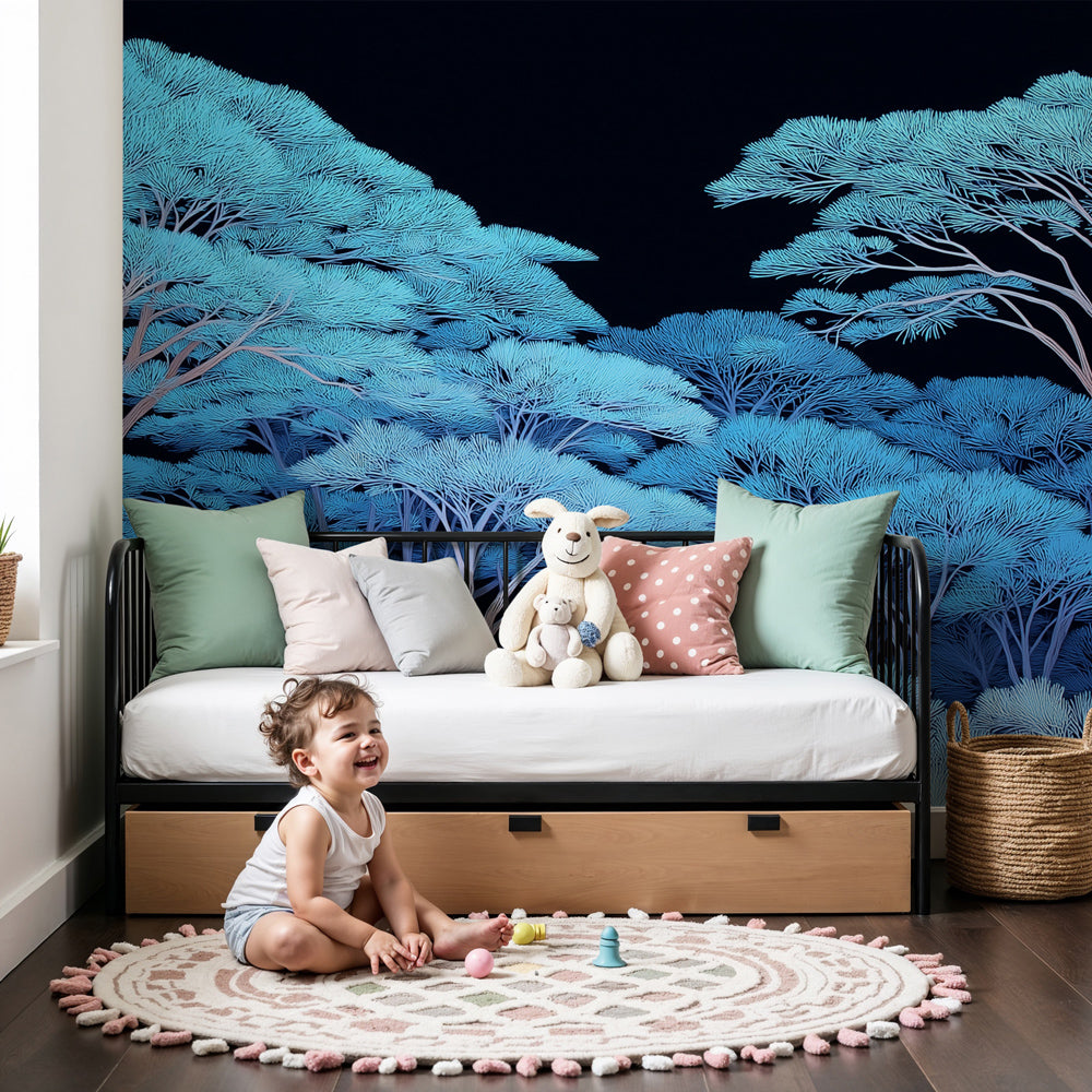 Magical blue forest mural wallpaper in modern nursery room setting by Kids-Mundo