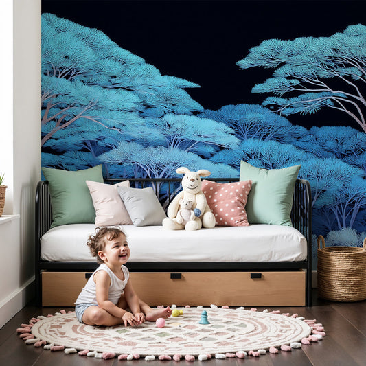 Magical blue forest mural wallpaper in modern nursery room setting by Kids-Mundo