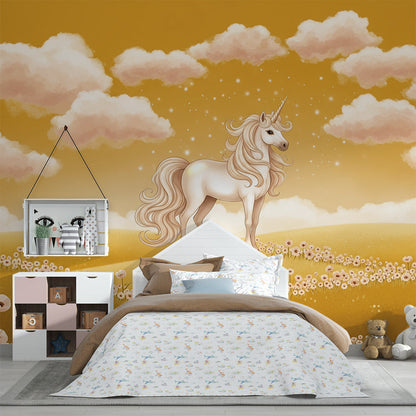 Kids-Mundo unicorn wall mural in a kids' bedroom with a golden meadow and starry sky