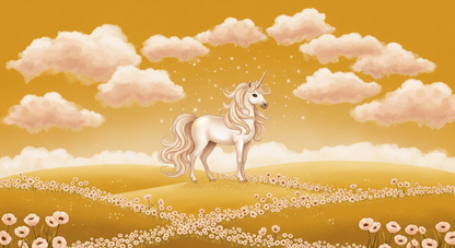 Kids-Mundo flat artwork of a majestic unicorn on a golden hill wall mural design