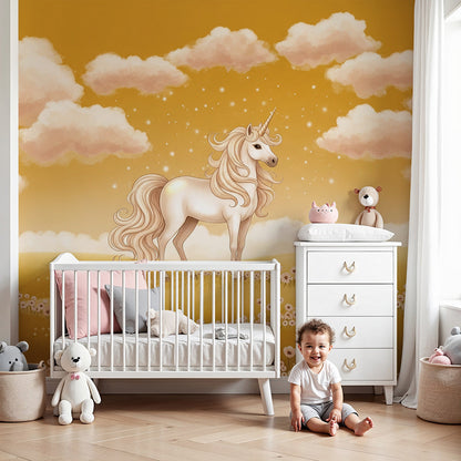 Kids-Mundo unicorn nursery mural showing a majestic unicorn standing on a glowing golden hill