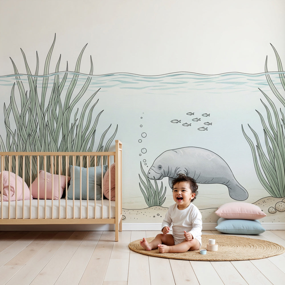 Kids-Mundo manatee and seagrass wall mural in a calm blue-green nursery