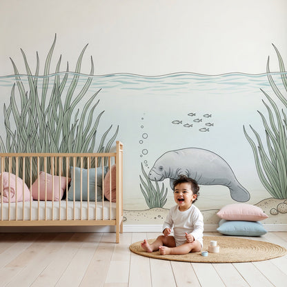 Kids-Mundo manatee and seagrass wall mural in a calm blue-green nursery
