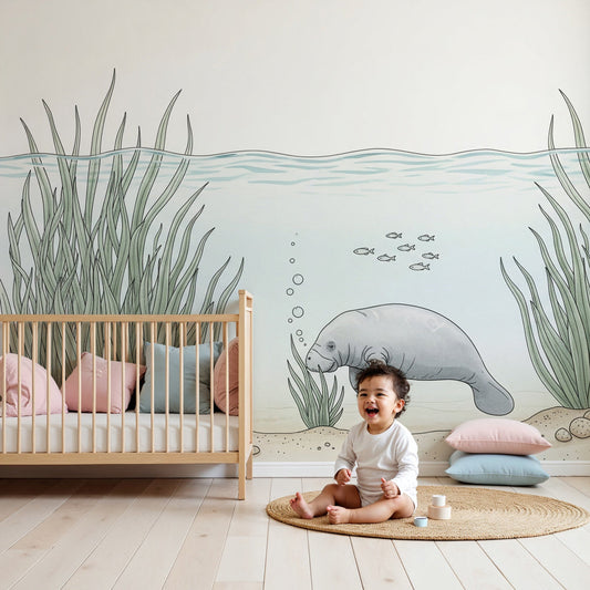 Kids-Mundo manatee and seagrass wall mural in a calm blue-green nursery