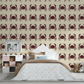 Ocean-themed kids bedroom featuring burgundy crab mural wallpaper on beige background for nautical decor