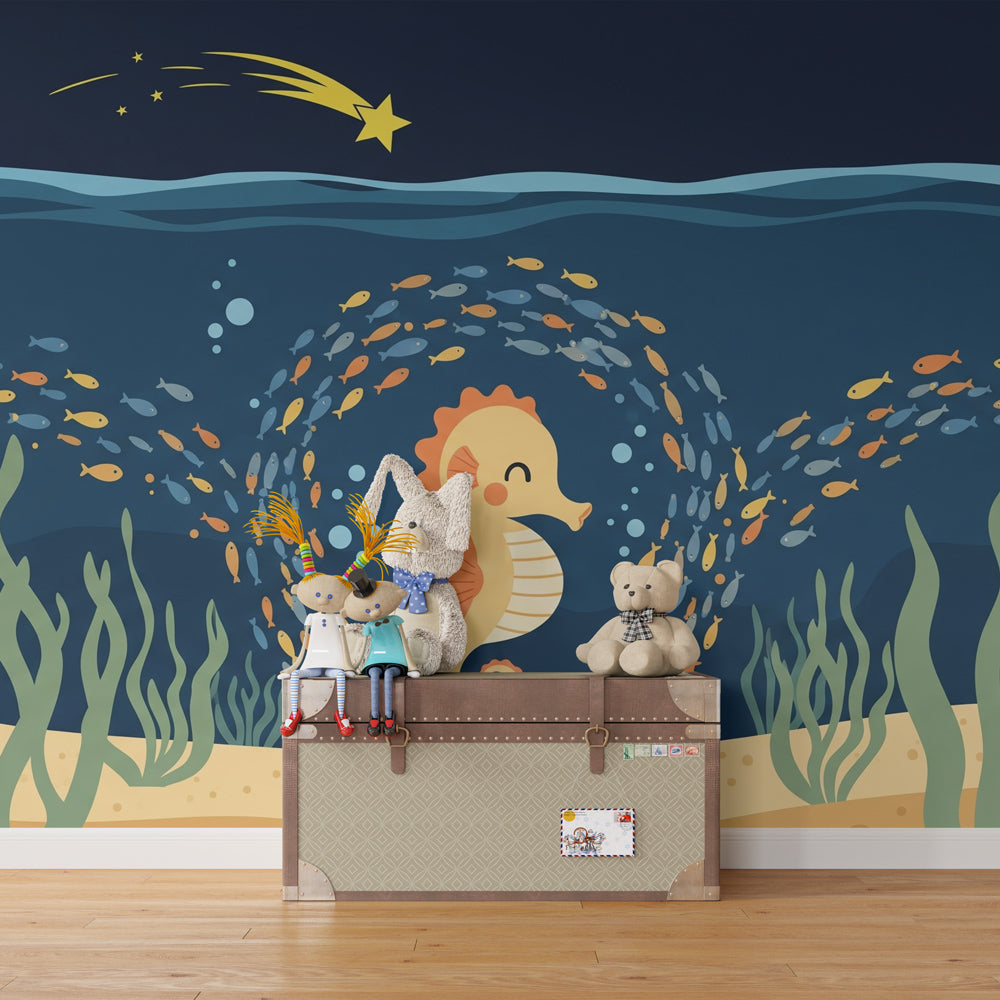Colorful seahorse and fish mural wallpaper transforming children's playroom into underwater world