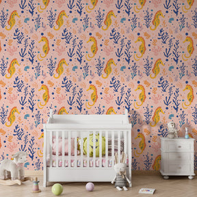 Seahorse and coral mural wallpaper transforming kids playroom into ocean adventure space
