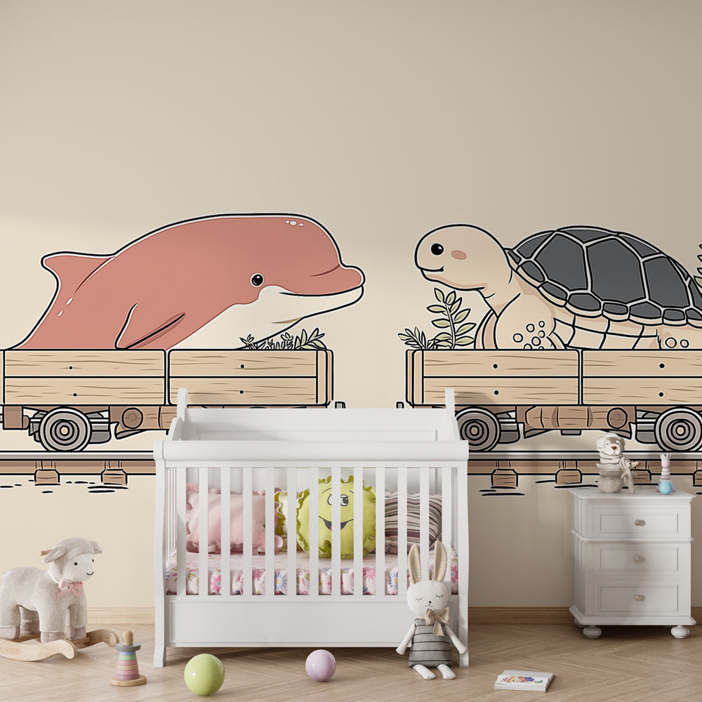 Marine themed train wallpaper featuring friendly animals in cozy toddler room setting