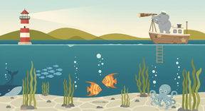 Detailed maritime adventure mural wallpaper design pattern with explorer elephant by Kids-Mundo