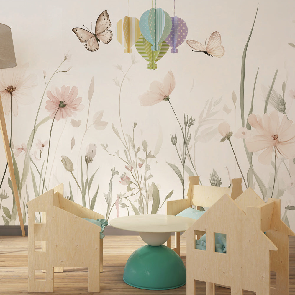 Kids-Mundo soft meadow wildflowers and butterflies wall mural styled in a kids bedroom